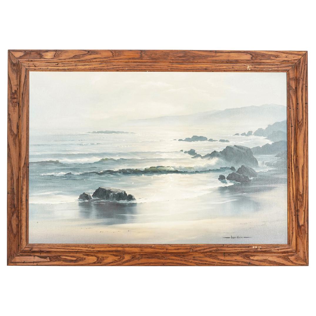 Russell Moreton (1929-1994) Oil on Masonite Seascape: DESCRIPTION: Russell Moreton (1929-1994) Oil on masonite seascape titled: "Evening In Summer" depicting a rocky ocean shore with calm waves and sun kissed waters. Signed lower right: Russell Moreton"