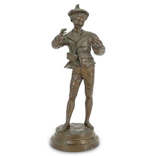 Adolphe Jean Lavergne (French, 1863) Bronze Sculpture: DESCRIPTION: An Adolphe Jean Lavergne (French, 1863-1928) bronze sculpture titled "Partie Interrompue". This bronze sculpture depicts the standing figure of a smiling young boy in a joyful attitude. I