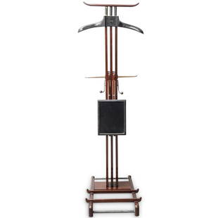 Dupre Lafon For Hermes Night Valet Coat Rack: DESCRIPTION: Dupre Lafon for Hermes night valet coat rack, features a wood foundation with removable black leather wrapped shelf, held in varnished wood uprights and ending with tubular brass cross