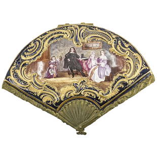 Unusual Antique Sevres Porcelain Fan Shaped Box: DESCRIPTION: An unusual Antique Serves box featuring in a cobalt blue ground color, centered along the lid with a hand painted interior scene depicting a regal family, encompassed by raised gold leaf