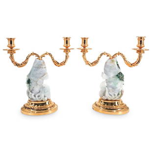 Cartier Jadeite and Vermeil Silver Candelabras: DESCRIPTION: A Pair of 1930s Cartier Candelabras features Chinese carved Jadeite Koi Fish at the stem, mounted atop a step beaded oval vermeil silver base, Set along the fish mouth are two