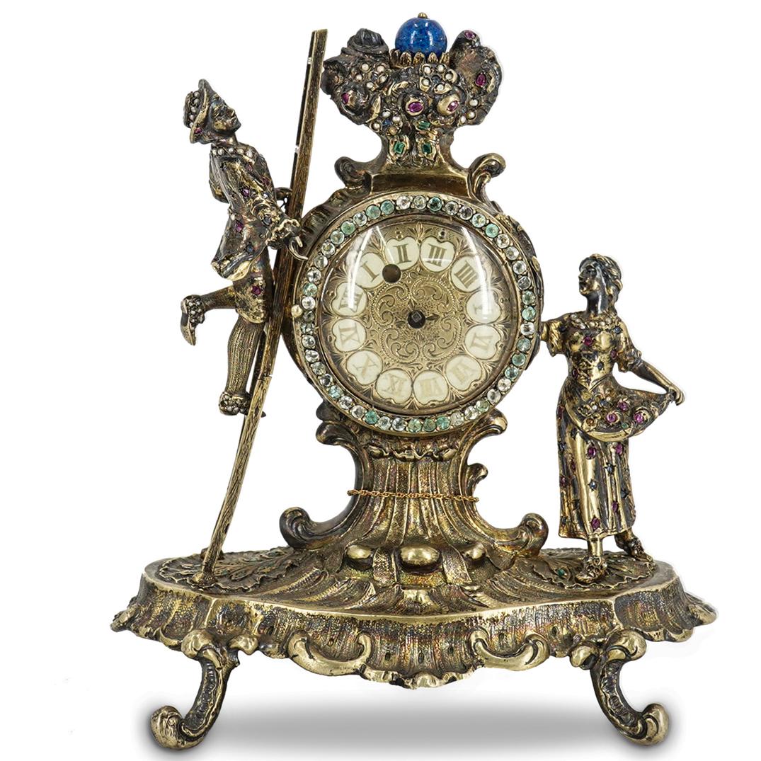19th Cent. Austrian Silver Enamel & Jeweled Encrusted Figural Clock (1 of 11)