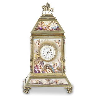 19th Cent. Viennese Miniature Silver & Enamel Clock: DESCRIPTION: A 19th century Viennese miniature silver and enamel clock. A timepiece with silver and enamel mount, decorated with a frontal garden scene with putti cherub figures. Fine decorative scene