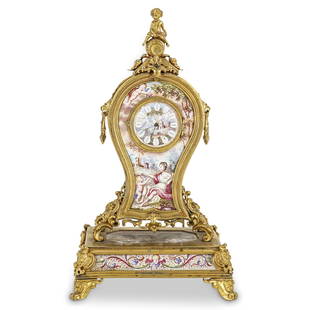 19th Cent. Viennese Miniature Bronze & Enamel Clock: DESCRIPTION: A 19th century Viennese miniature bronze and enamel clock. A timepiece with bronze and enamel mounts, decorated with putti cherub garden scenes. Fine decorative scenes are also