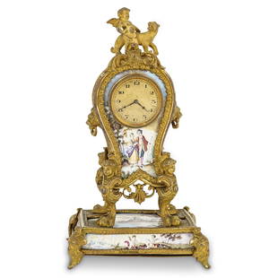 19th Cent. Viennese Miniature Bronze & Enamel Clock: DESCRIPTION: A 19th century Viennese miniature bronze and enamel clock. A timepiece with bronze and enamel mounts, decorated with a frontal amorous pastoral garden scene. Fine decorative scenes are