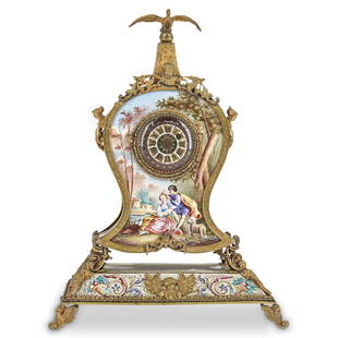 19th Cent. Viennese Miniature Bronze & Enamel Clock: DESCRIPTION: A 19th century Viennese miniature bronze and enamel clock. A timepiece with bronze and enamel mount, decorated with a frontal amorous pastoral garden scene. Fine decorative scenes are