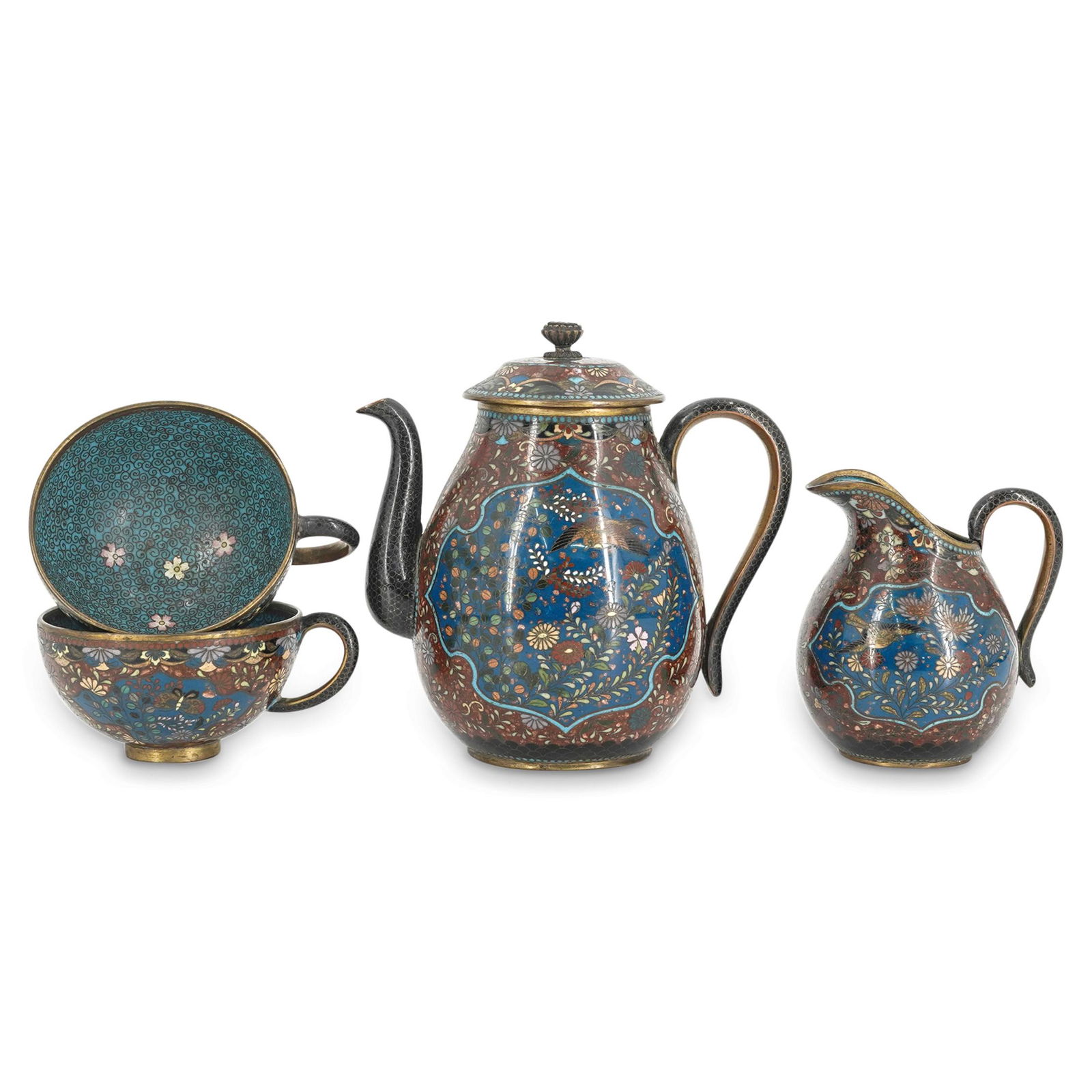 (4 Pc) Japanese Meiji Era Cloisonne Tea Set (1 of 8)