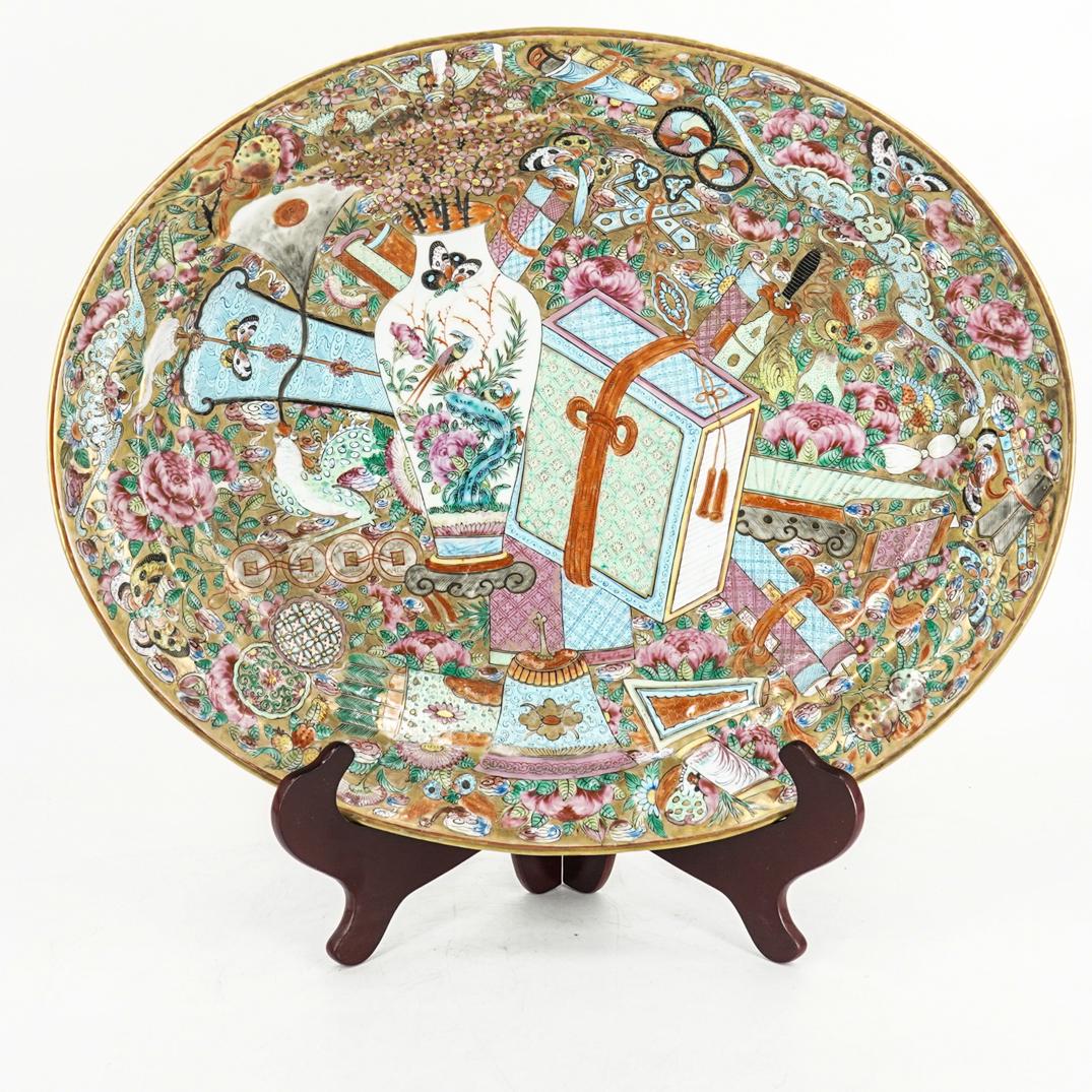 19th Cent. Chinese Gold Lacquered Rose Medallion Oval Platter (1 of 7)
