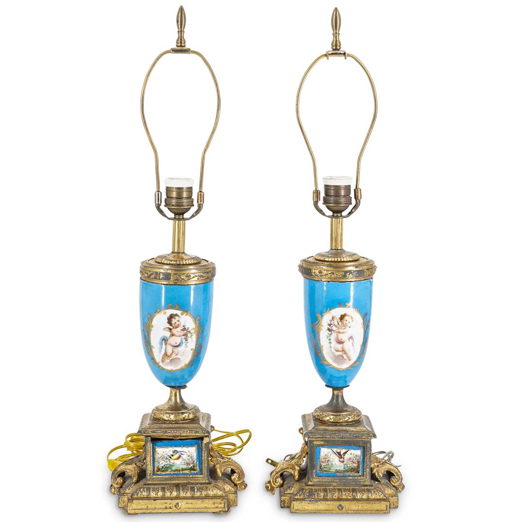 (2 Pc) French Porcelain & Gilt Mixed Metal Table Lamps (1 of 9)