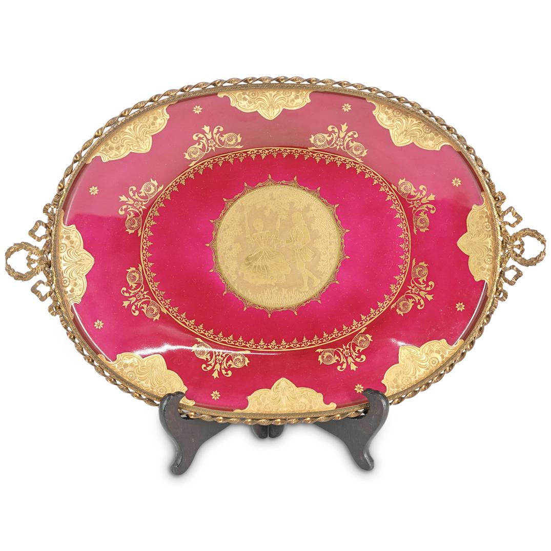 J. K. Carlsbad Porcelain Mounted Centerpiece: DESCRIPTION: A J. K. Carlsbad Bavaria hand painted porcelain oval dish centerpiece. This is a porcelain hand painted centerpiece dish in a pink magenta color ground, with a romantic couple engraved sc