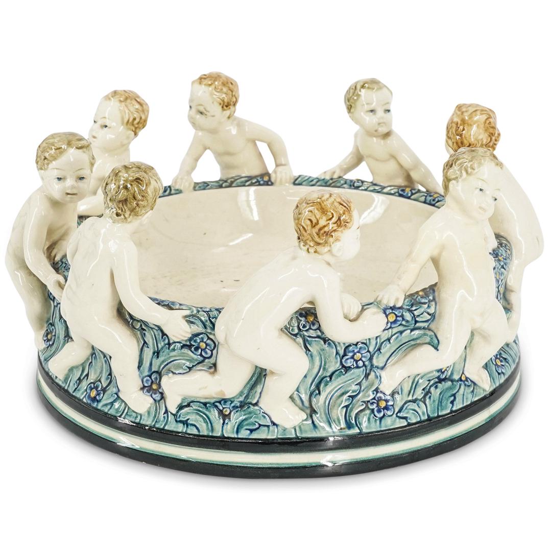 Karlsruher Antique Majolica Figural Putti Bowl (1 of 9)