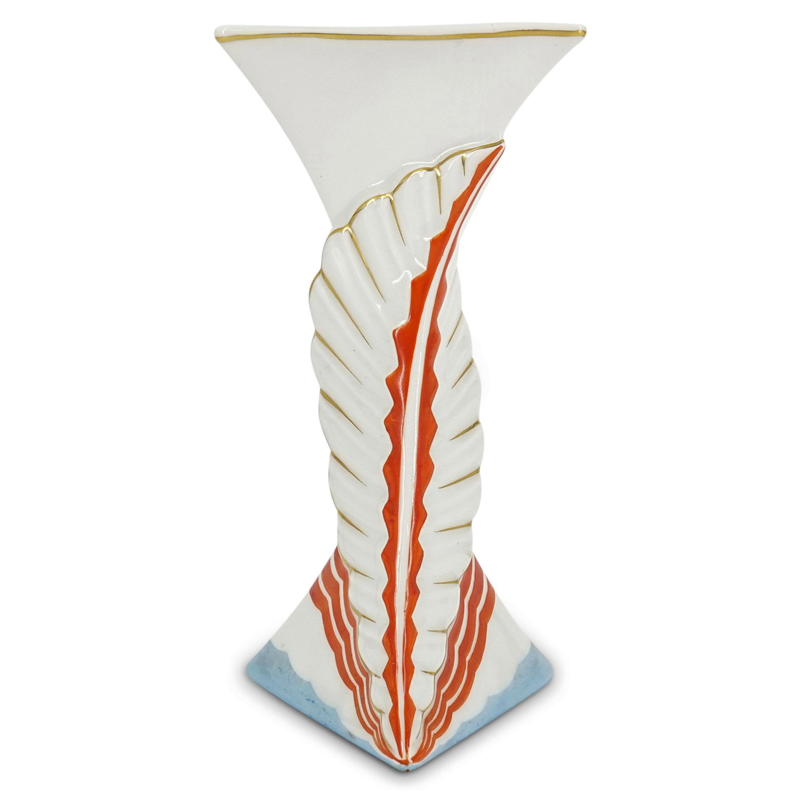 Crown Rosenthal Bavaria Glazed Porcelain Vase: DESCRIPTION: A Crown Rosenthal Bavaria white glazed porcelain vase with a triangular twisted form. Decorated with hand painted geometric decorations in orange and blue color, and further embellished w