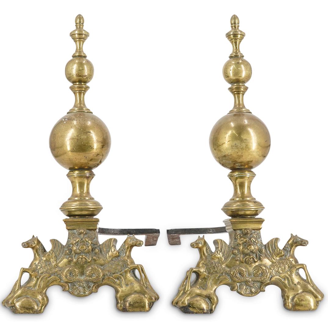 (2 Pc) Antique English Brass Ball Figural Andirons (1 of 10)