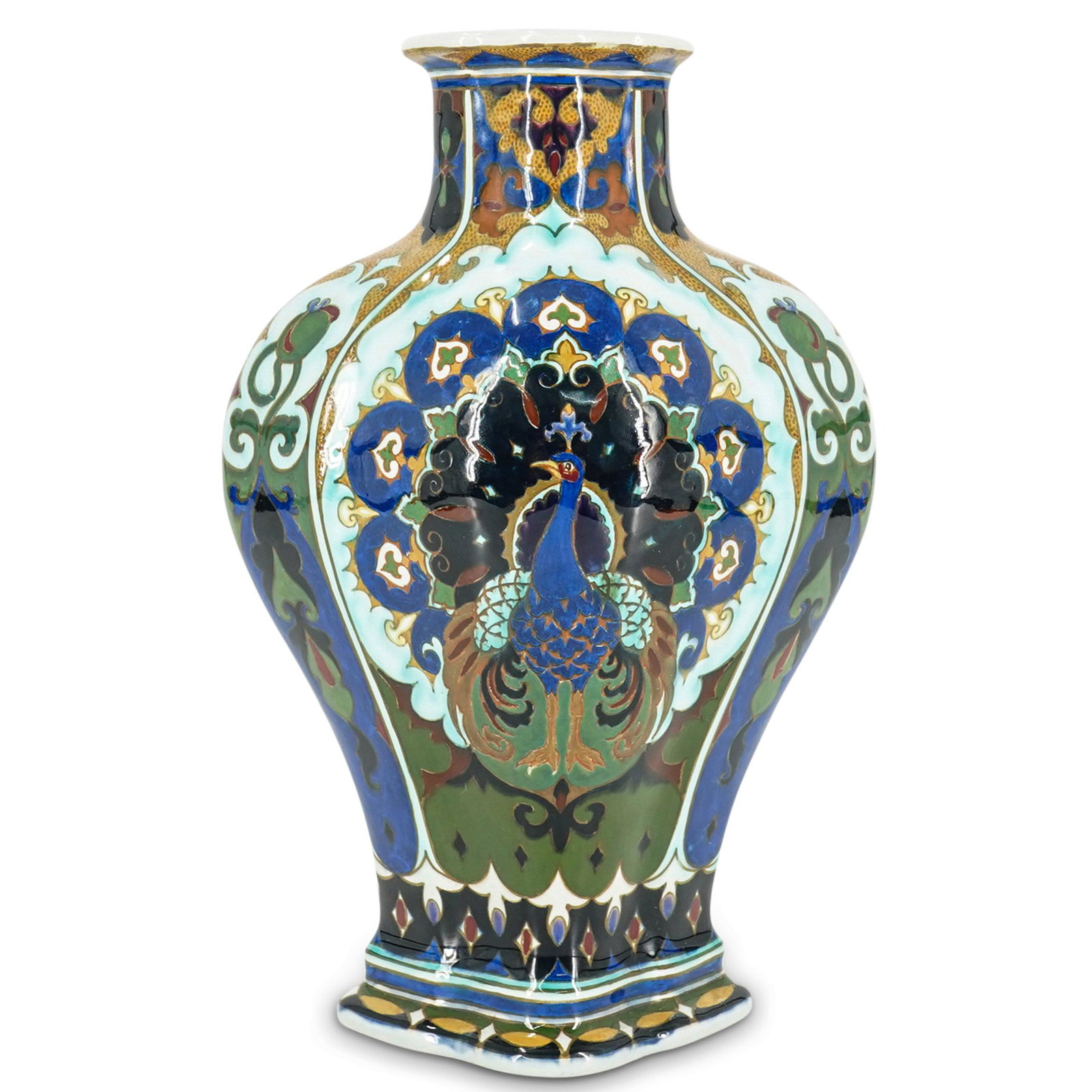 Art Nouveau Dutch Rozenburg Den Haag Porcelain Vase: DESCRIPTION: An antique dutch Rozenburg Den Haag earthenware porcelain Art Nouveau vase. It is fully hand painted, with beautiful underglaze colors of deep blue, purple, green, lilac, emerald, yellow 