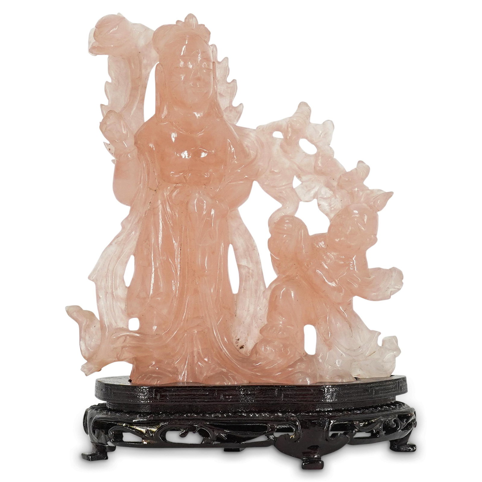 Antique Chinese Carved Rose Quartz Guan Yin: DESCRIPTION: Antique carved rose quartz grouping of a female figure carrying a lotus and attended by a child. Piece is embellished with foliage and bat designs and is mounted on an open-work stand emb