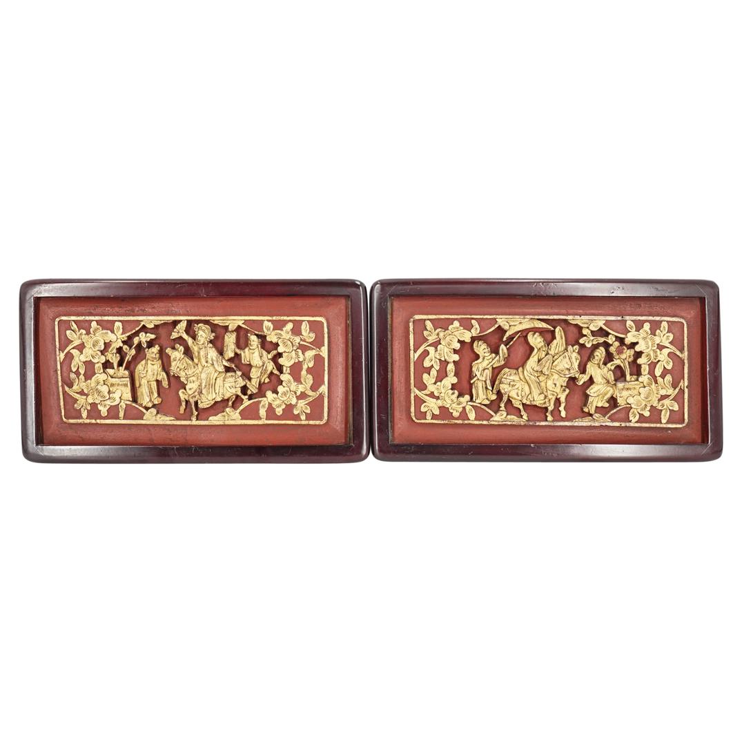 (2Pc) Chinese Carved Lacquered Wood Panels (1 of 8)