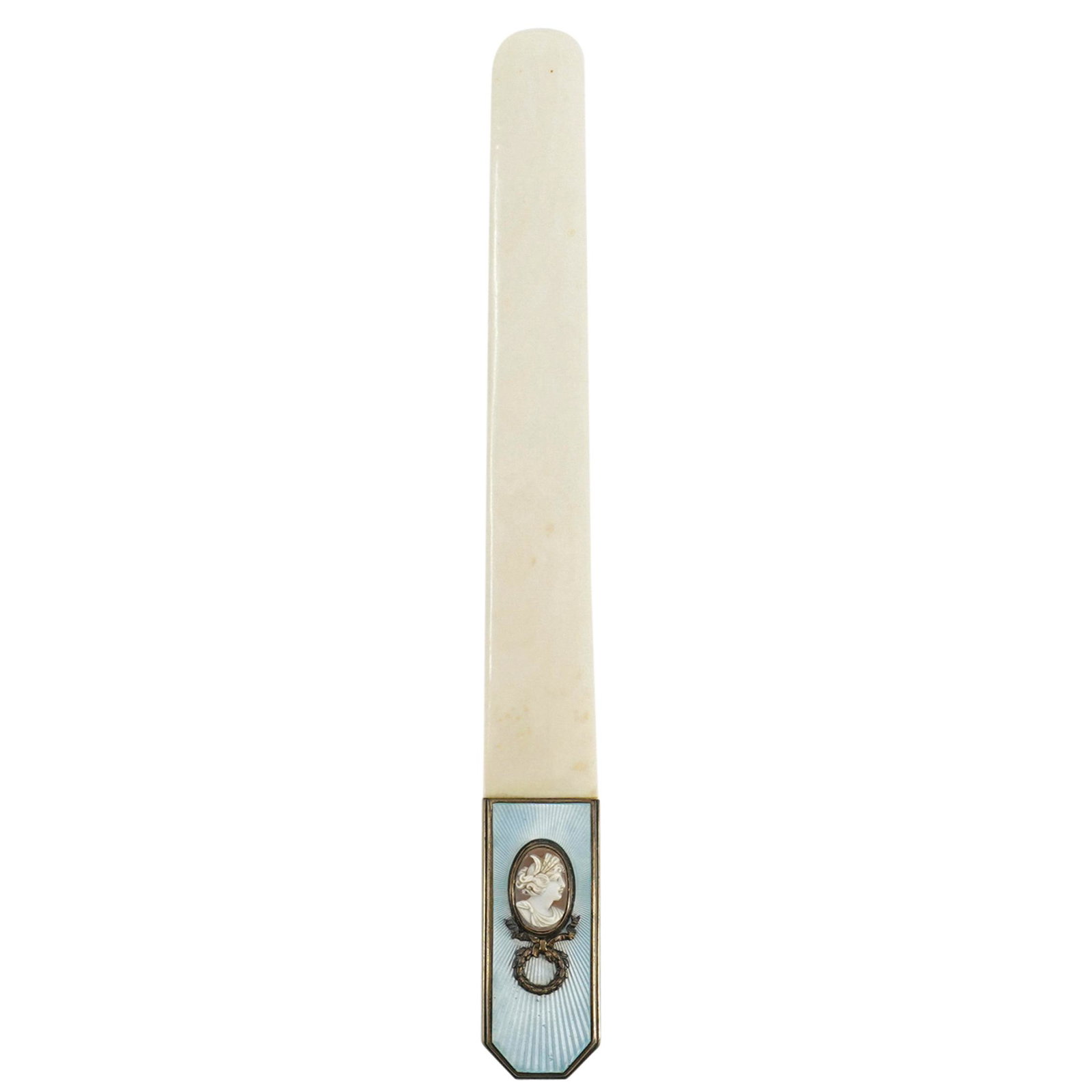 Antique Victorian Sterling Guilloche Enamel Page Turner: DESCRIPTION: An antique Victorian sterling silver blue guilloche enamel & bone bookmark page turner, embellished with a female cameo cabochon. With faded makers hallmarks. CIRCA: Late 19th - Early 20t