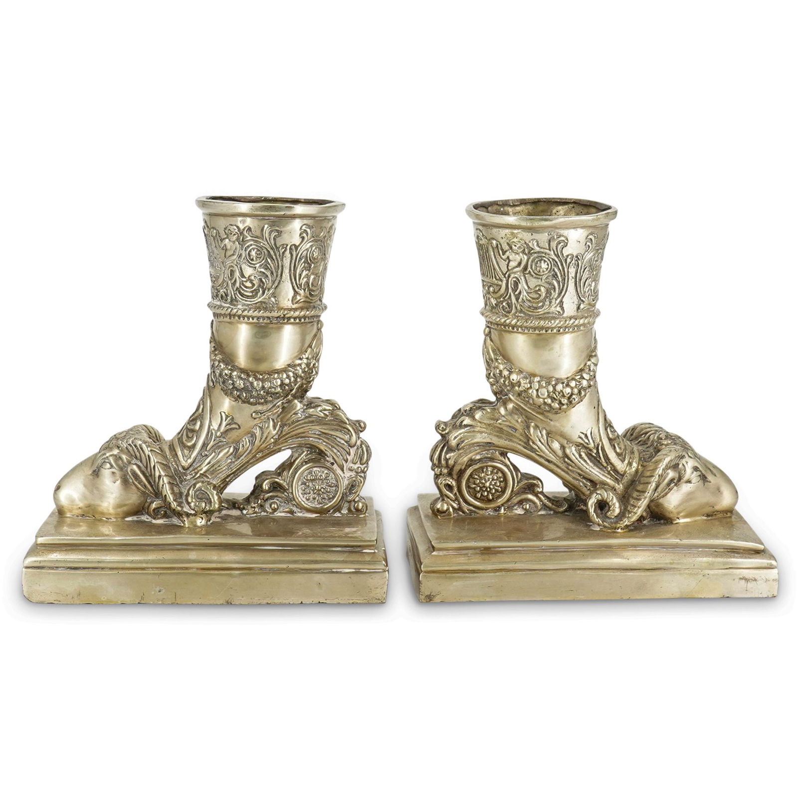 (2 Pc) Nickel Plated Ram Head Cornucopia Vases (1 of 9)