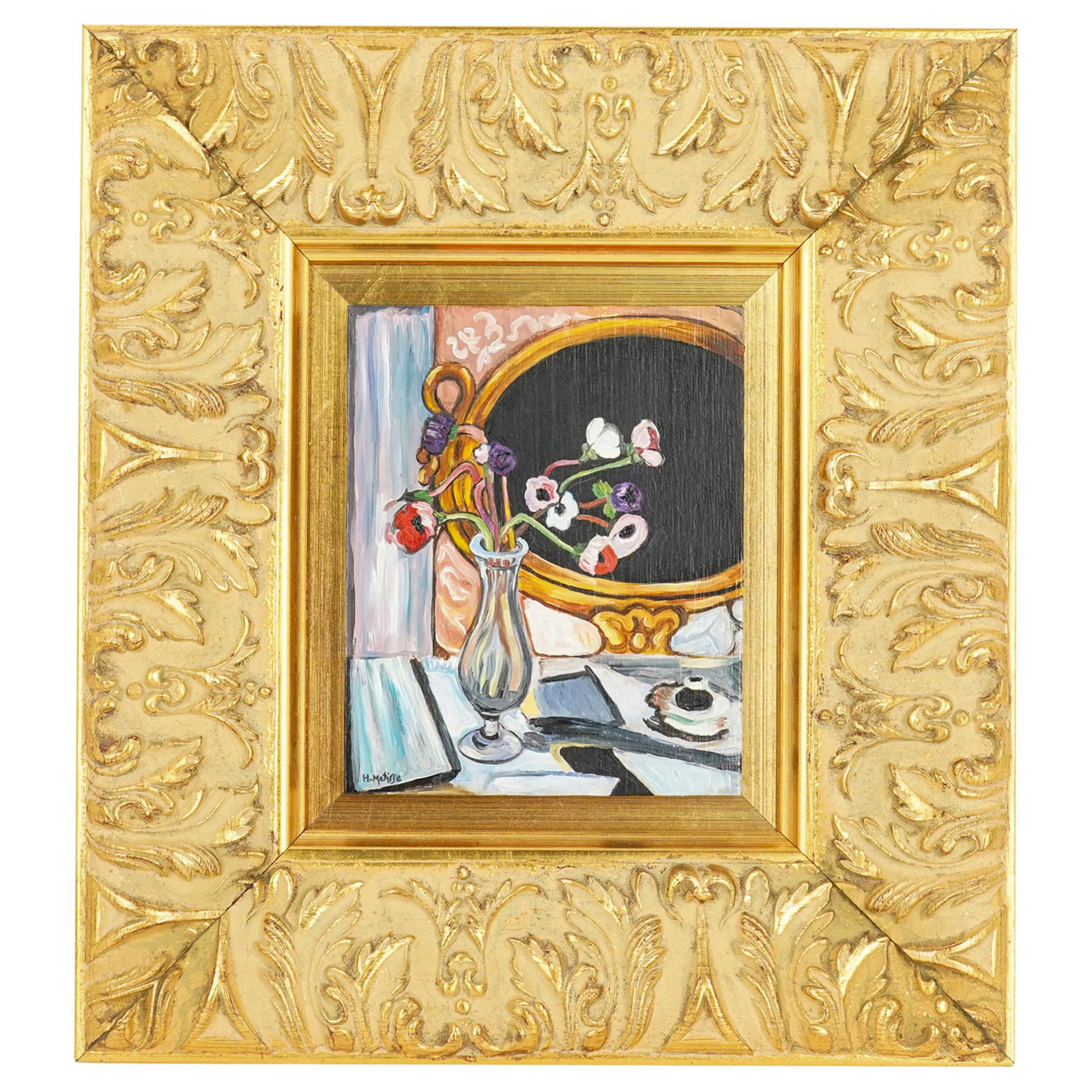 After Matisse "Anemone And Mirror" Oil On Board: DESCRIPTION: Framed oil on board painting after Henri Matisse's "Anemone and Mirror". Marked at bottom left: "H. Matisse". CIRCA: 20th Century ORIGIN: European DIMENSIONS: (With Frame) H: 12.5" W: 1.5