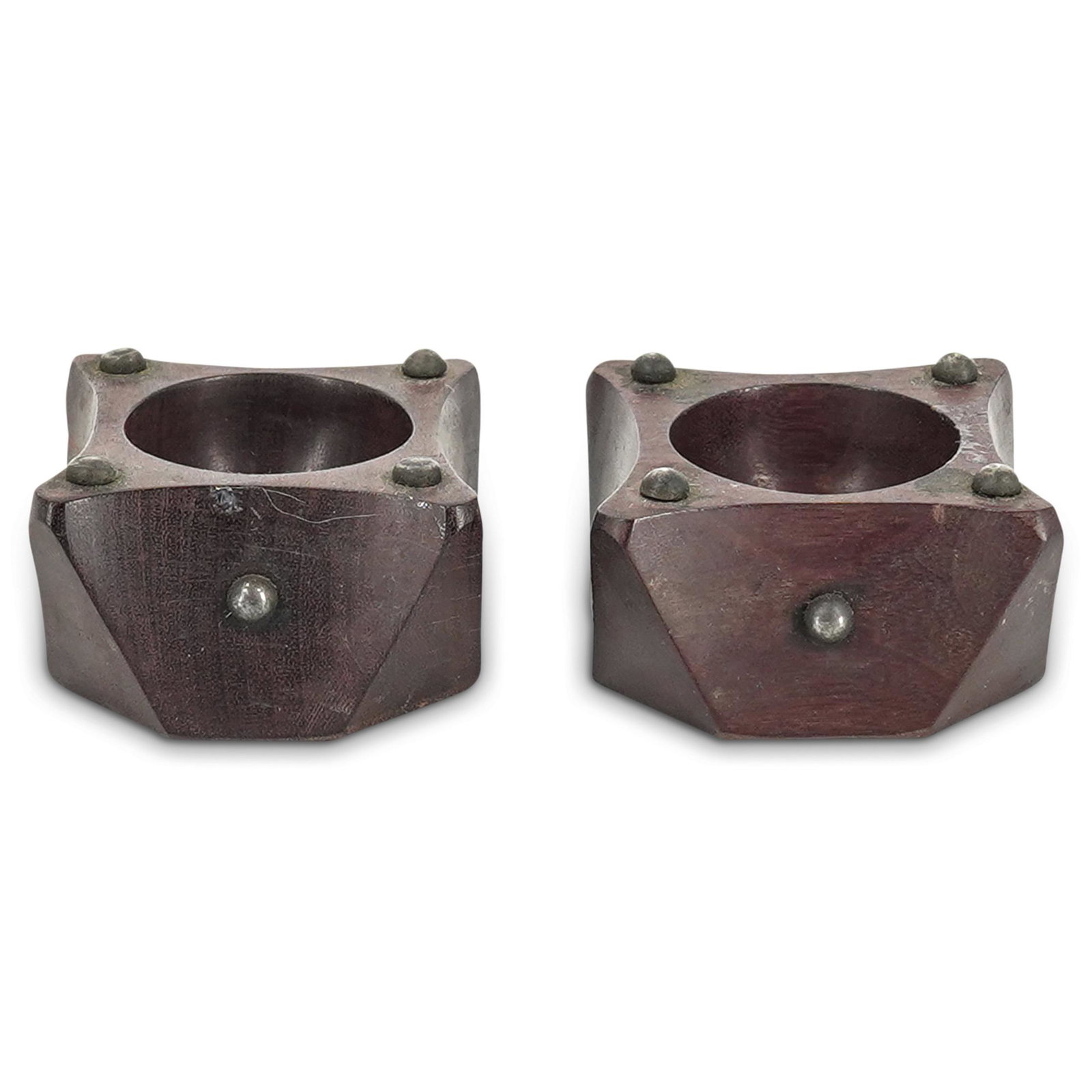 (2 Pc) Arts And Crafts Movement Studded Wooden Salt Cellars: DESCRIPTION: Pair of carved arts and crafts movement salt cellars decorated with eight tiny, half-sphere studs. CIRCA: Late 19th to early 20th Century ORIGIN: USA DIMENSIONS: H: 1.25" W: 1.75" L: 2" e