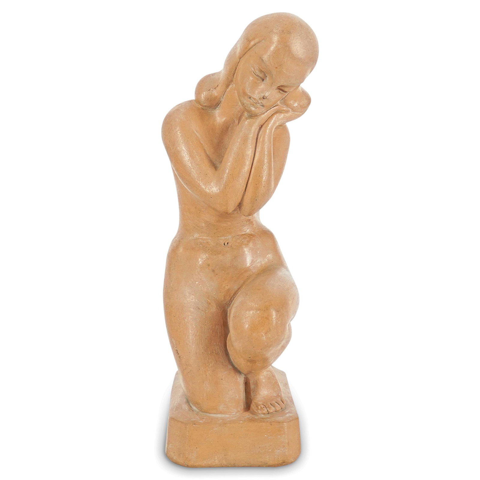 Nude Female Figural Clay Sculpture: DESCRIPTION: A figural clay sculpture depicting a nude female figure with oriental features in kneeling position. Marked with makers hallmarks "L257" "BK". CIRCA: 20th Century. DIMENSIONS: H: 11" W: 3