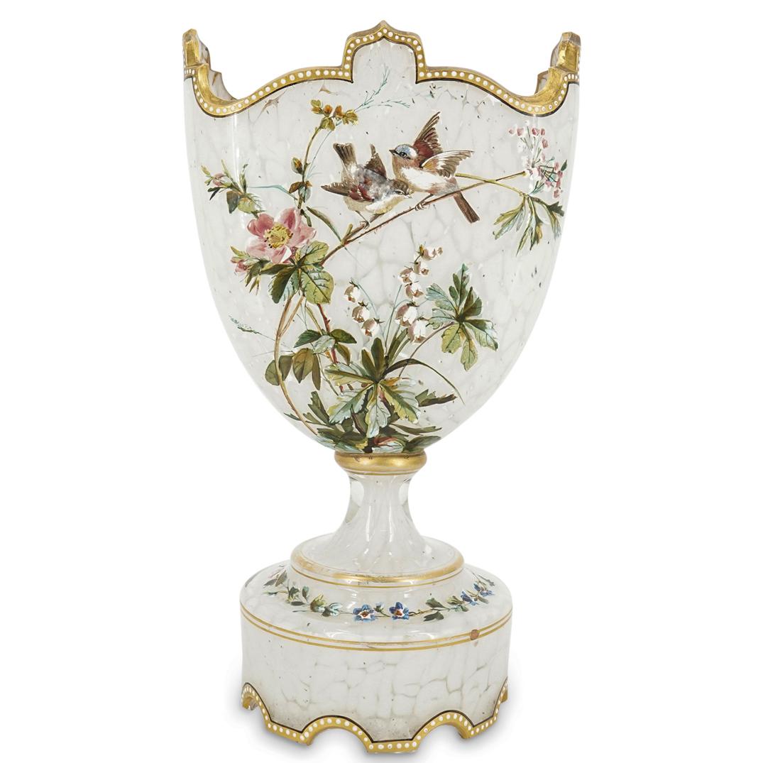 Antique French Enamel Decorated Art Glass Footed Vase (1 of 9)