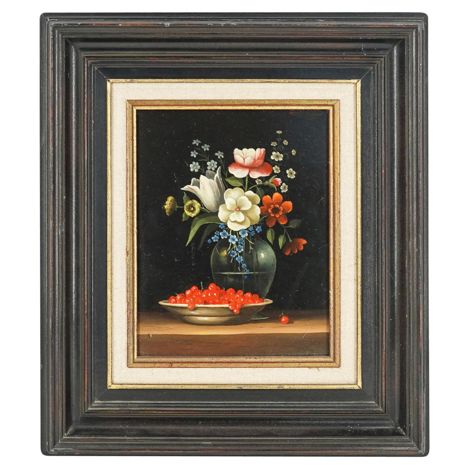 Still Life Floral Vase Oil Painting: DESCRIPTION: A still life oil painting on masonite, depicting a footed crystal vase, with a delicate floral bouquet, and a companion still life of a porcelain plate with red currant berries. Framed. C
