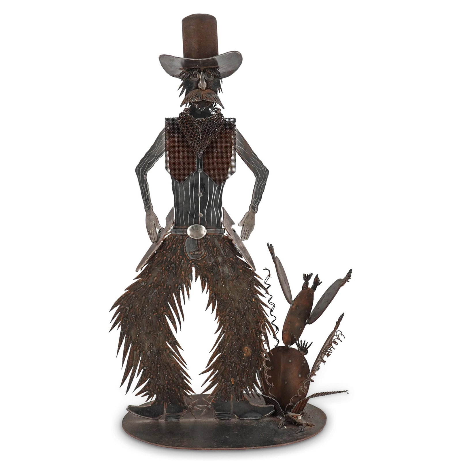Dan Day Wrought Iron Cowboy Garden Sculpture: DESCRIPTION: A wrought iron cowboy garden sculpture by Arizona artist Dan Day, on an oval shaped base. Signed "Don Day" and dated 1990. CIRCA: 1990. DIMENSIONS: H: 41" W: 21" D: 14 1/4". Have a simila