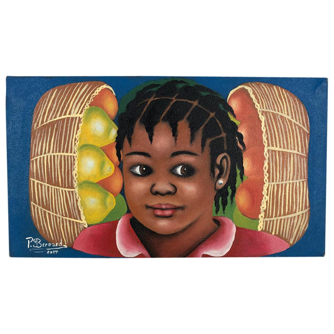 Signed Pierre Bernard Oil On Canvas Of Girl Between Baskets Of Fruit (1 of 1)