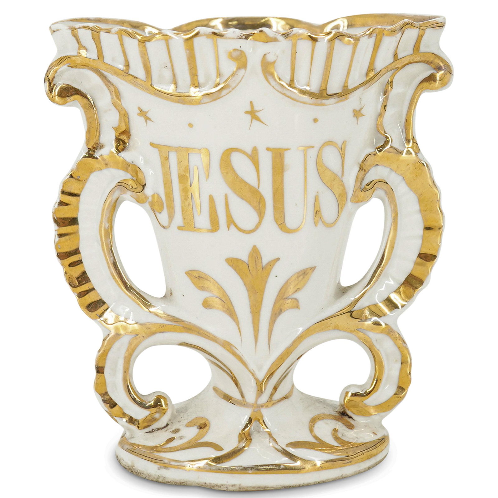 Capodimonte Porcelain Jesus Vase With Gilt Accents: DESCRIPTION: Capodimonte porcelain vase decorated with curvilinear designs on the handles and finished with gilt accents throughout. "JESUS" is written in gilt lettering across the front. CIRCA: 20th 