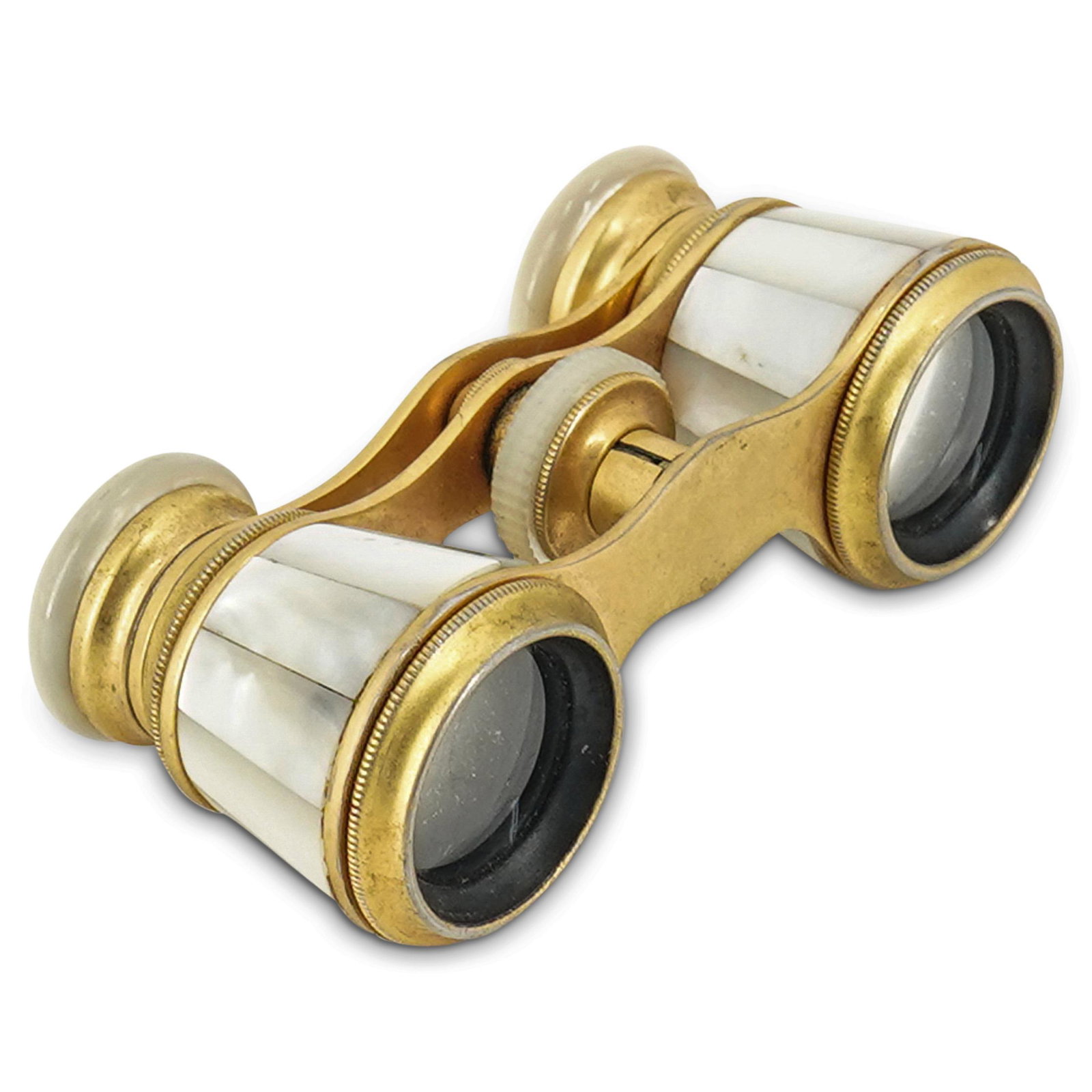 Brass And Mother Of Pearl Opera Glasses: DESCRIPTION: Pair of brass opera glasses decorated with mother of pearl accents. Marked on frame between eyepieces: "LE REINE FRANCE". Wheel is fully functional. CIRCA: 20th Century ORIGIN: France DIM