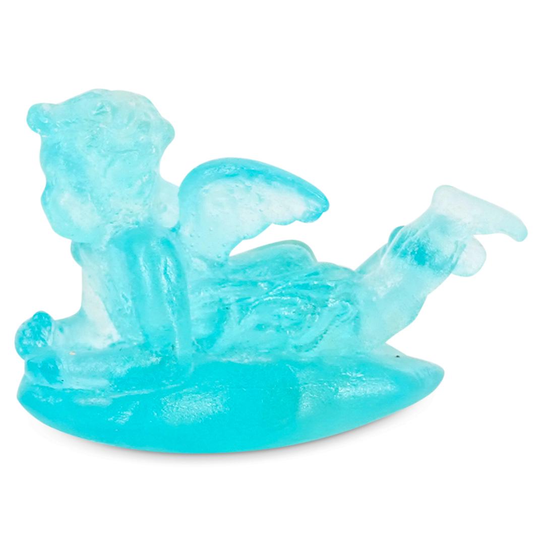 Daum Blue Crystal Cherub Angel Figurine Paperweight: DESCRIPTION: A Daum France blue crystal winged cherub angel figurine paperweight. Marked with etched signature "Daum France". CIRCA: 20th Century. ORIGIN: France. DIMENSIONS: H: 1 1/2" W: 2". Have a s