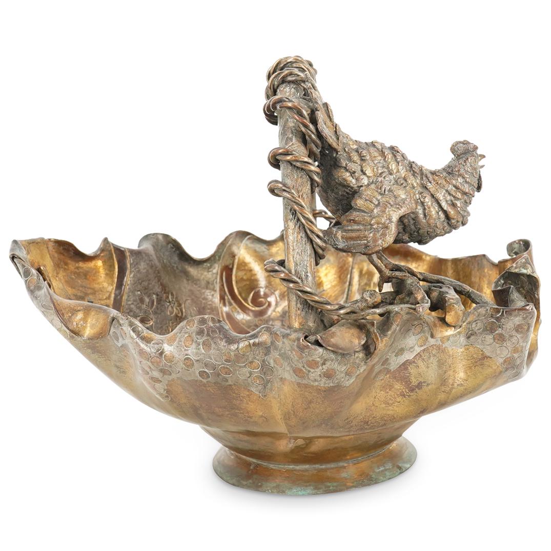 19th Cent. Meiji Period Japanese Bronze Cockerel Basket (1 of 7)