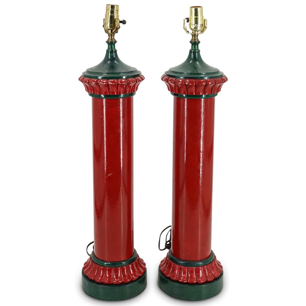 (2Pc) Pair of Metal Orientalist Lamps: DESCRIPTION: Pair of metal orientalist lamps with relief petals in a ring around base and top, painted in red and green. CIRCA: 20th Century ORIGIN: Continental DIMENSIONS: H: 28" X D: 6" CONDITION: G