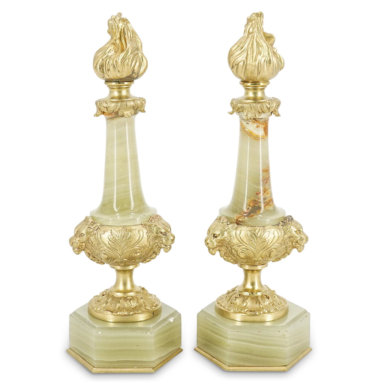 (2 Pc) French Gilt Bronze & Onyx Flambeau Finial Ornaments (1 of 7)