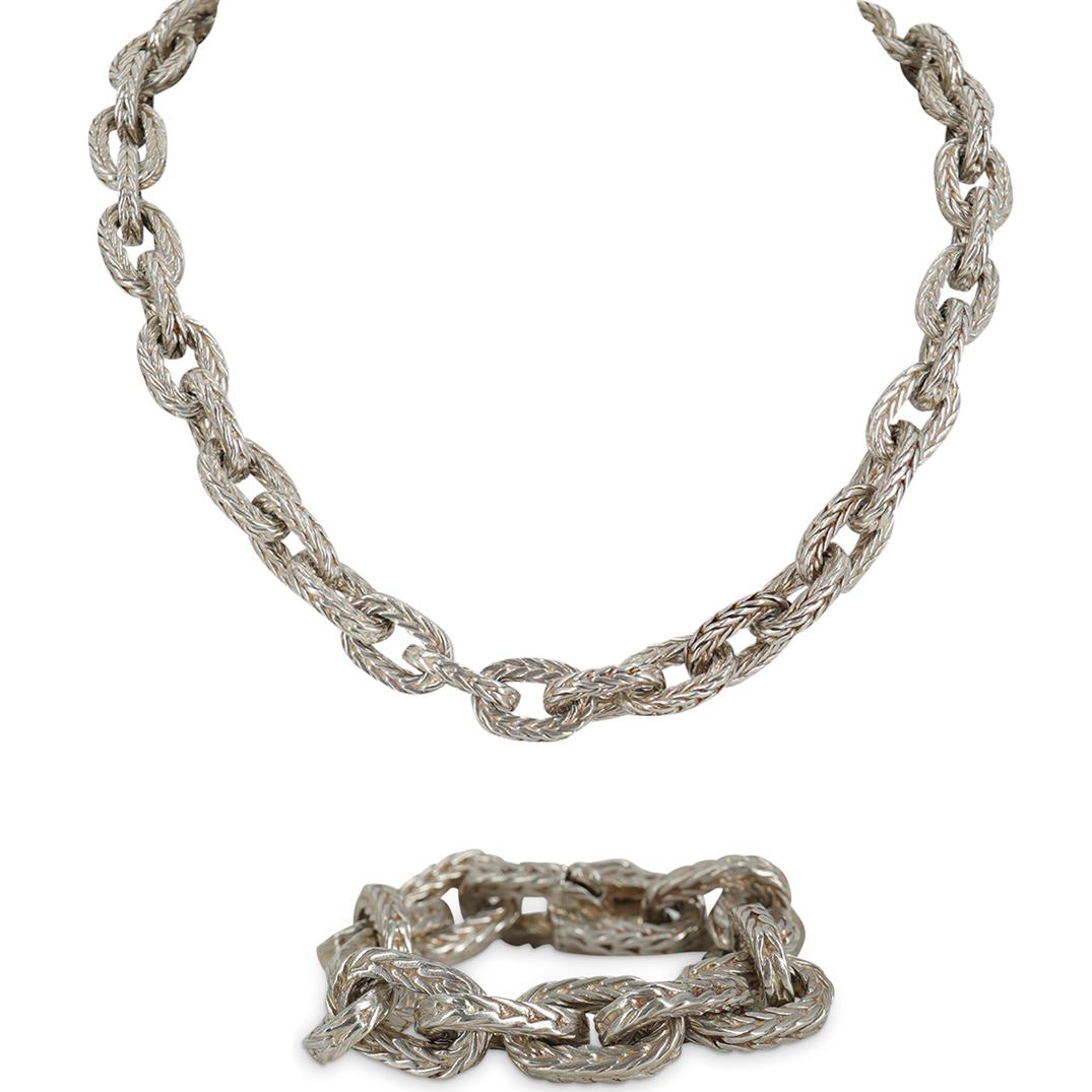 (2 Pc) Hermes Sterling Silver Chain Link Necklace & Bracelet Set (1 of 6)