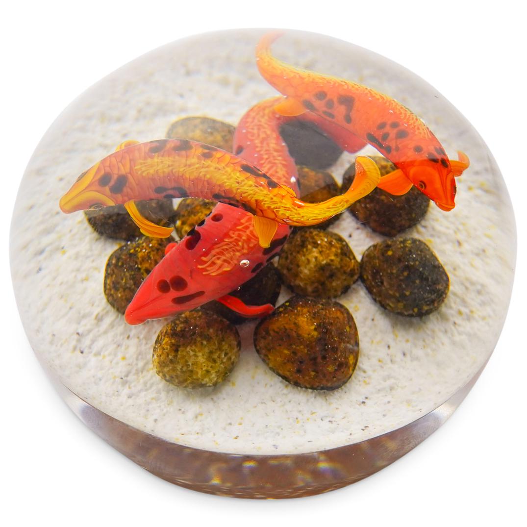 Gordon Smith Art Glass Koi Paperweight: DESCRIPTION: Gordon Smith (American) Art glass paperweight, features three naturalistic deep orange koi fish with sandy stone accented terrain. Signed cane: "GS" incised: "97-32" CIRCA: 1987 ORIGIN: U