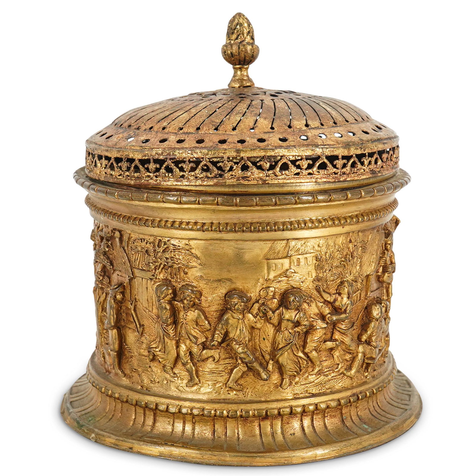 Embossed French Lidded Incense Burner: DESCRIPTION: A french lidded incense burner in mixed metal, with embossed decorative motifs depicting several outdoors continuous figural scenes with a forest background. The decorative scenes include