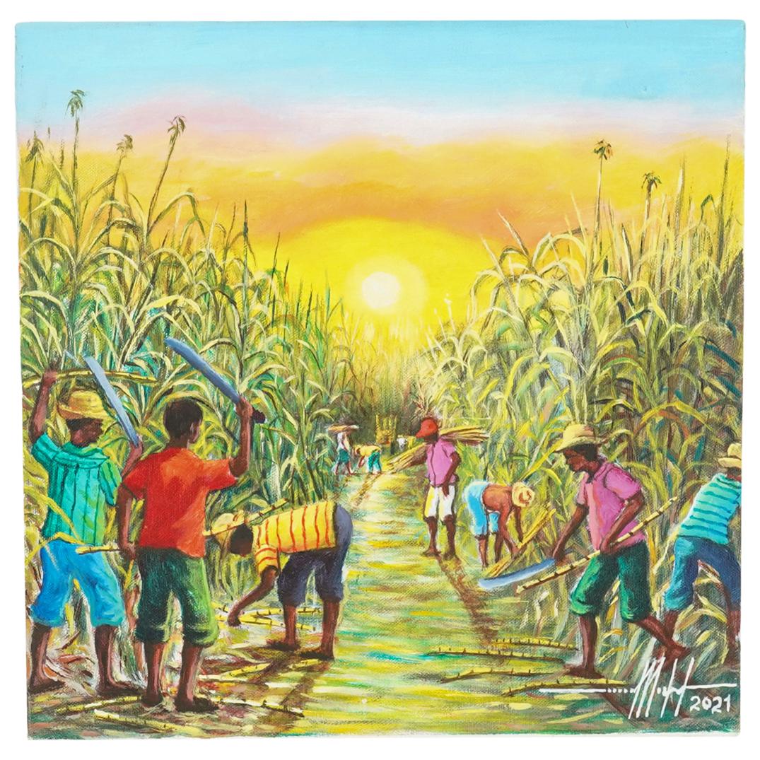 Signed M.H. (Haitian, 20th Cent.) Oil Painting On Canvas: DESCRIPTION: A signed M.H. (Haitian, 20th Cent.) oil painting on canvas depicting native men collecting sugar cane. Signed and dated M.H. 2021. CIRCA: 20th Century. ORIGIN: Haiti. DIMENSIONS: H: 14" W