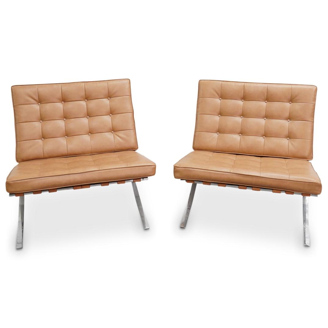 Pair of Mies van der Rohe for Knoll Barcelona Chairs: DESCRIPTION: Pair of Ludwig Mies van der Rohe for Knoll Barcelona chairs with tufted leather upholstery. CIRCA: 20th Cent. DIMENSIONS: H: 30" x W: 32" x L: 33" (Seat Depth: 22") CONDITION: Very mild s