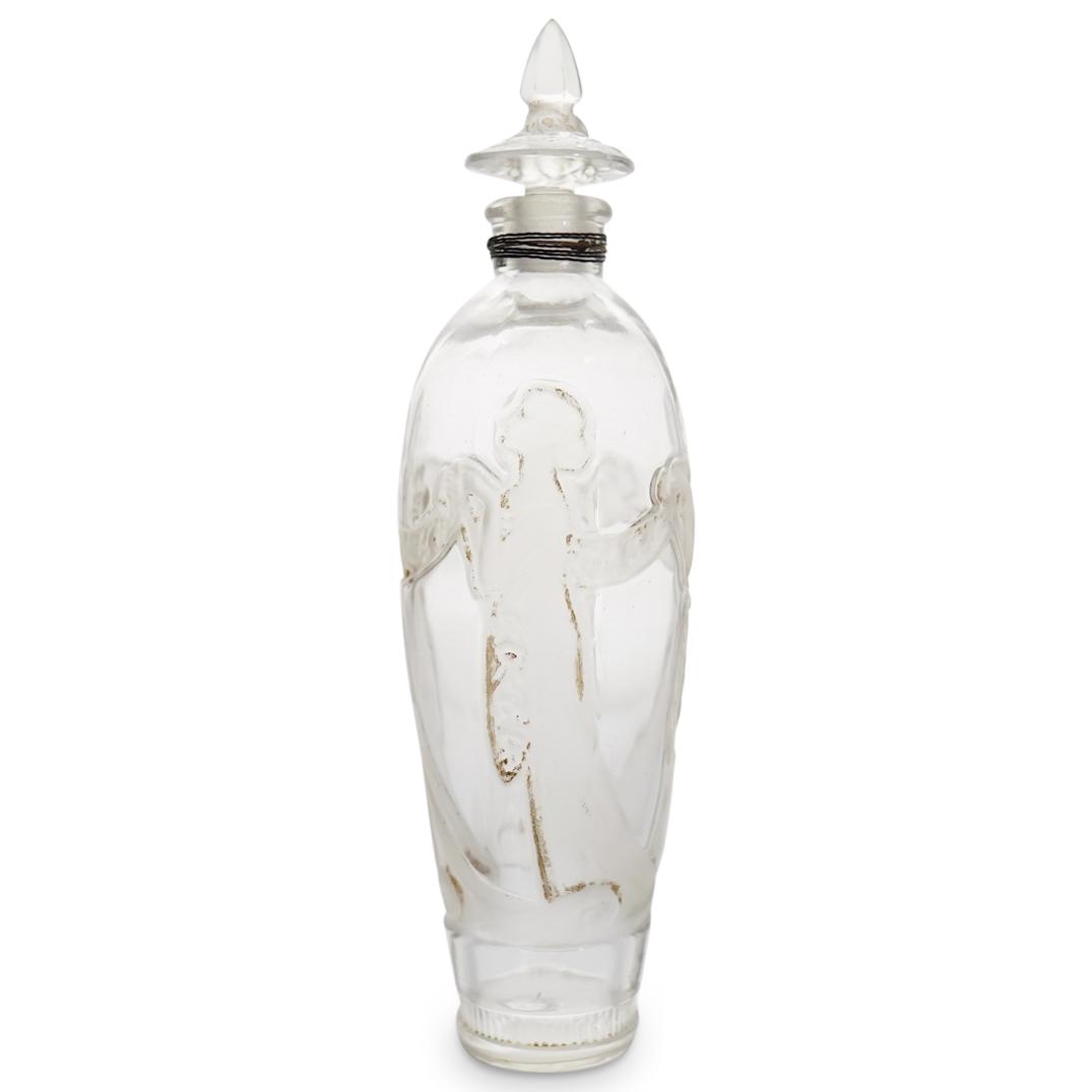 J. Viard for Lournay Vivante Perfume Bottle: DESCRIPTION: French, 1923, amphora form perfume bottle molded with maidens carrying garlands and decorated with sepia patina. Original stopper present and decorated with tiny molded leaves, pointed cr