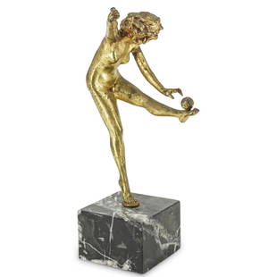 After Claire Colinet (Belgian, 1880) "The Juggler" Gilded Bronze Statue: DESCRIPTION: A gilded bronze statue after Claire Jeanne Roberte Colinet's "The Juggler" mounted on a black veined marble base. CIRCA: 20th Century. ORIGIN: Belgium. DIMENSIONS: H: 10 1/4" W: 5 1/2". H