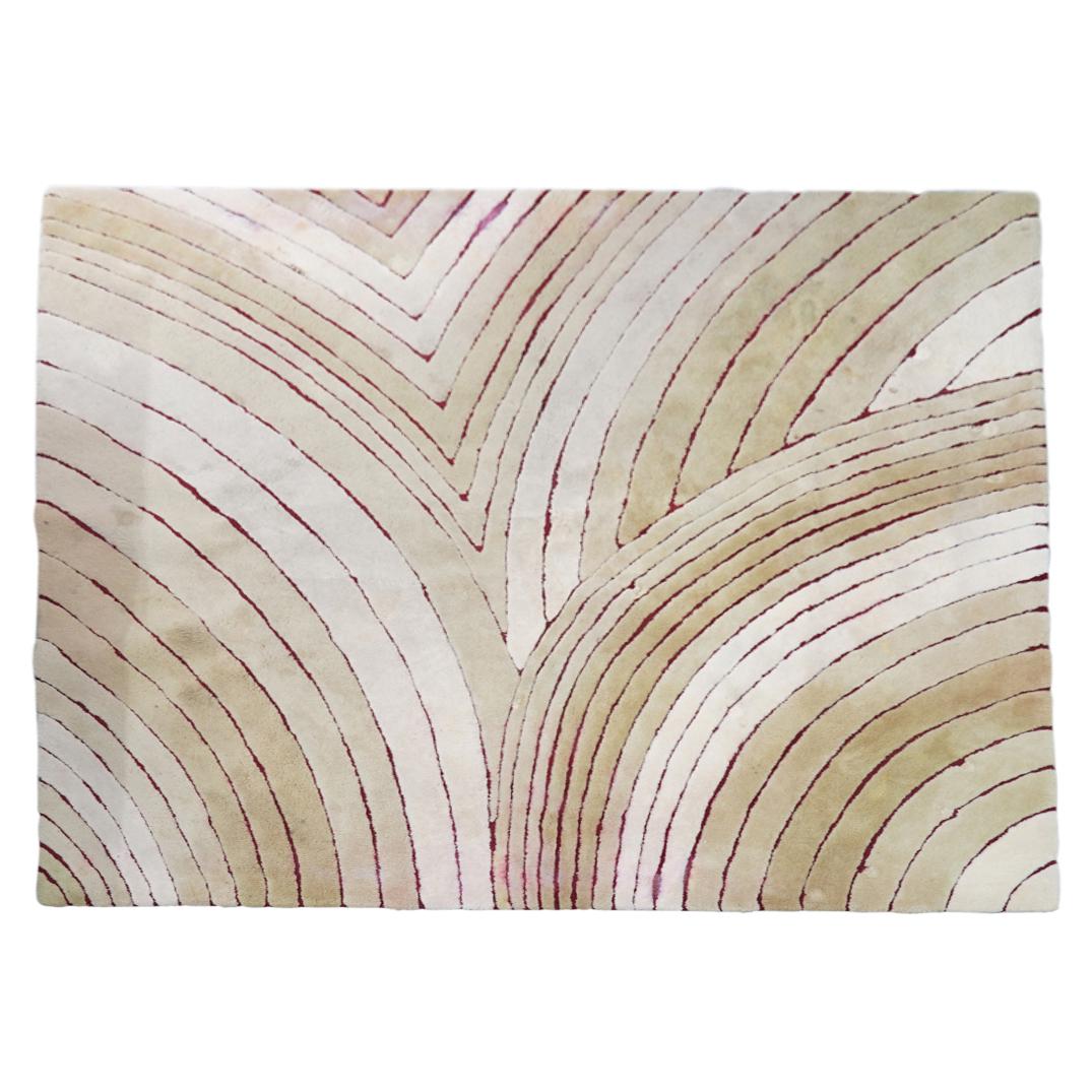 Edward Fields Wool Rug: DESCRIPTION: Edward Fields wool rug with wave design. Signed: "Edward Fields, 1". CIRCA: 1980 ORIGIN: USA DIMENSIONS: H: 107" x L: 72" CONDITION: Pre-owned, staining. See lot description for details o