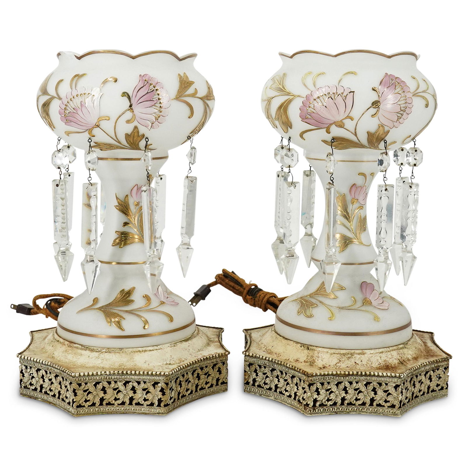 (2 Pc) Antique Bohemian Glass Luster Lamps (1 of 11)