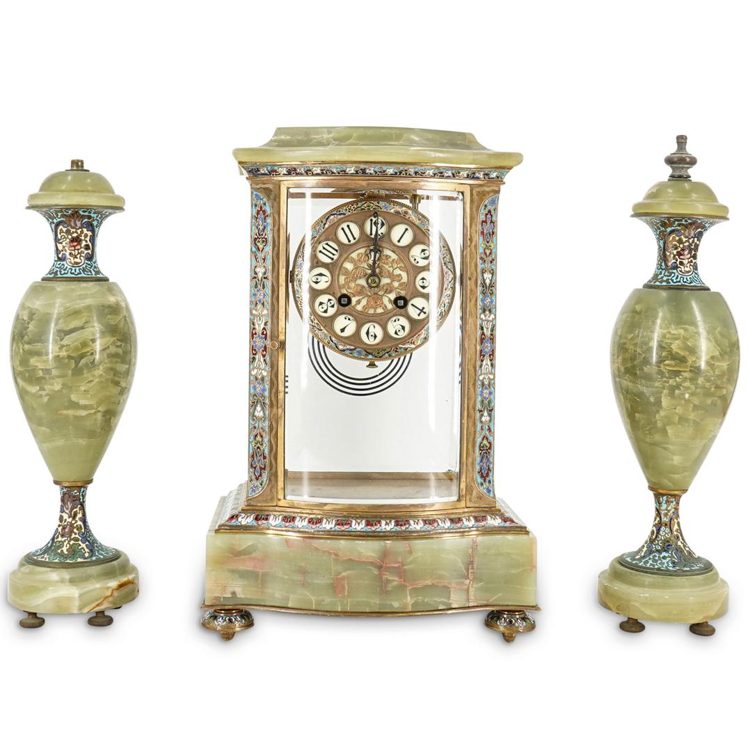 (3 Pc) Antique Champleve and Onyx Mantel Clock (1 of 14)