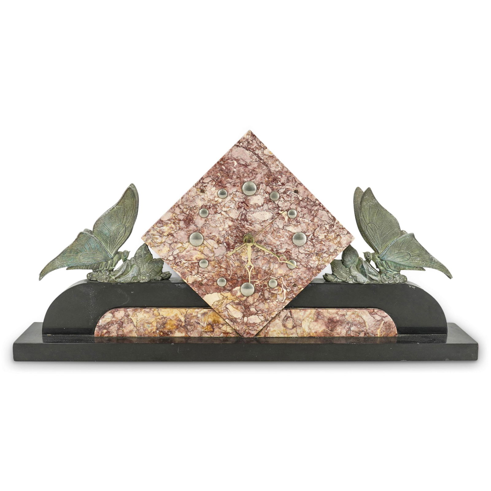 Art Deco Hard Stone and Mixed Metal Butterfly Mantel Clock: DESCRIPTION: Hard stone battery-powered clock featuring a rhombus-shaped movement housing, silver-toned hour markers, and gilt dials. Movement housing is flanked on either side by a mixed metal sculpt
