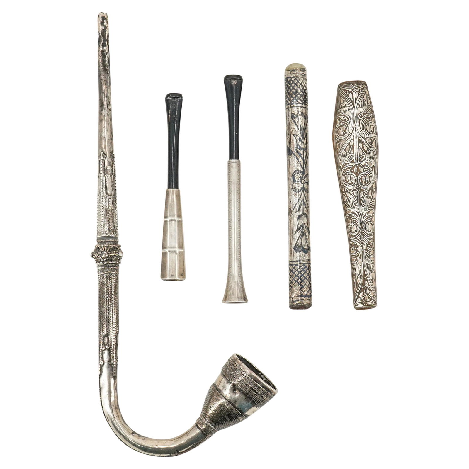 (5Pc) Antique Middle Eastern Silver Cigarette Holders and Pipe (1 of 9)