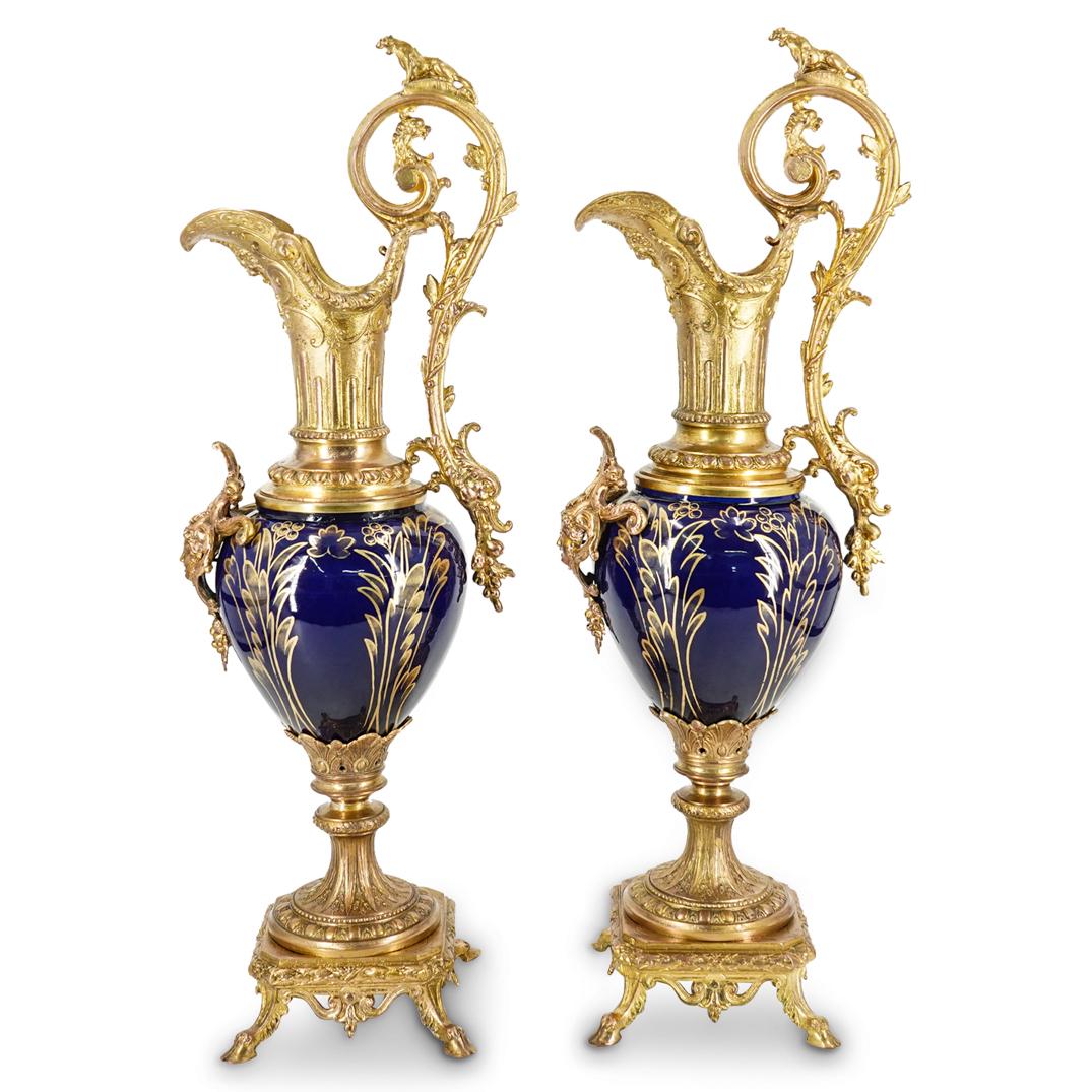 (2 Pc) Large Porcelain and Gilt Metal Mounted Ewers (1 of 8)
