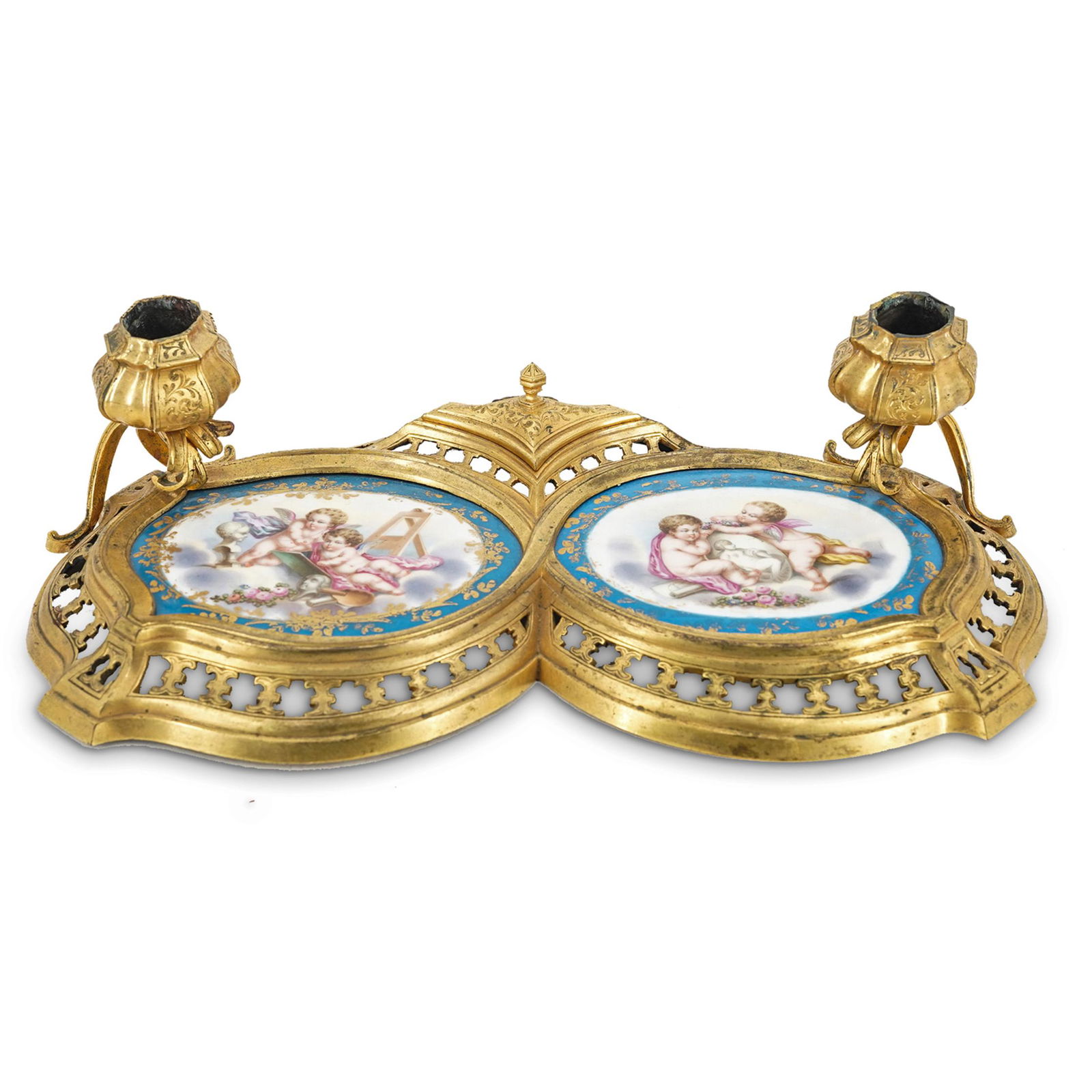 French Bronze Inkwell With Porcelain Insets, Possibly Sevres (1 of 9)