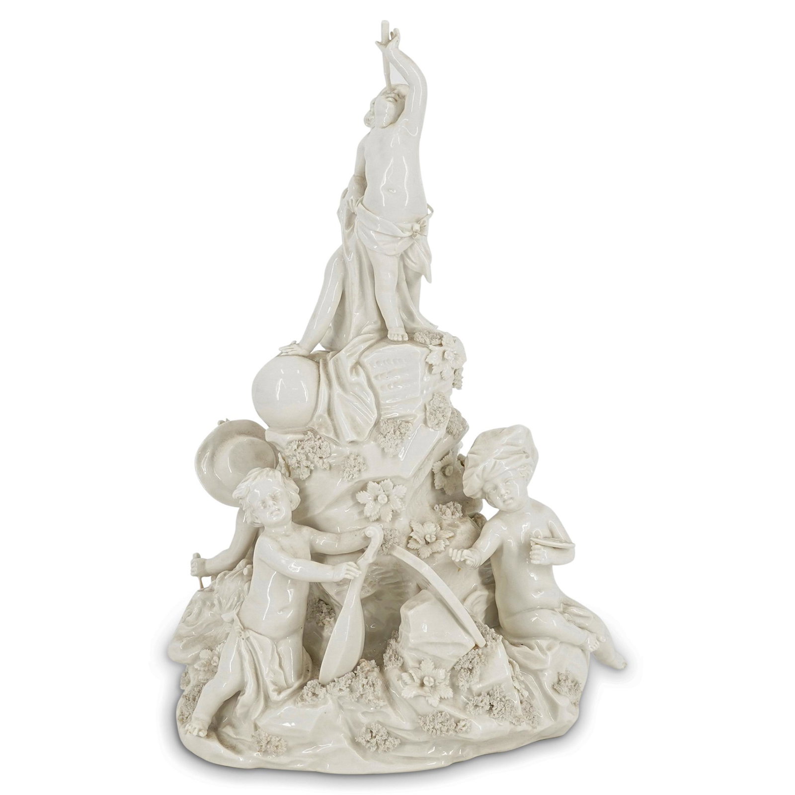 Antique Nymphenburg Porcelain Group Figurine: DESCRIPTION: Antique Nymphenburg porcelain group figurine of puttis engaged with liberal arts and flowers. Impressed with shield at the bottom and has "Frankenthal" mark. CIRCA: Early 20th Century ORI